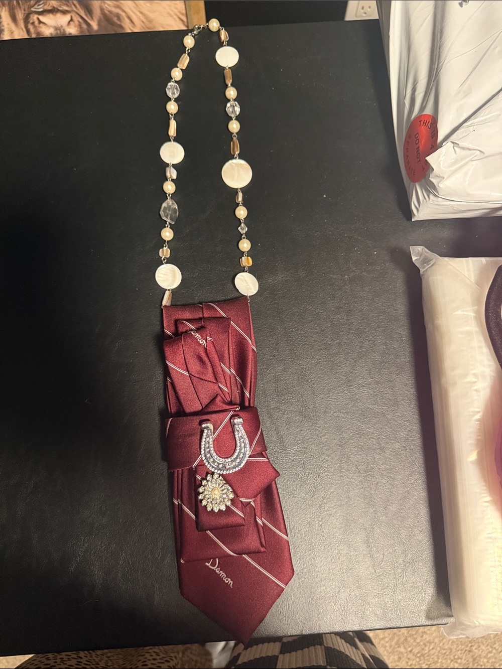 Burgundy Satin Tie Pendant Necklace